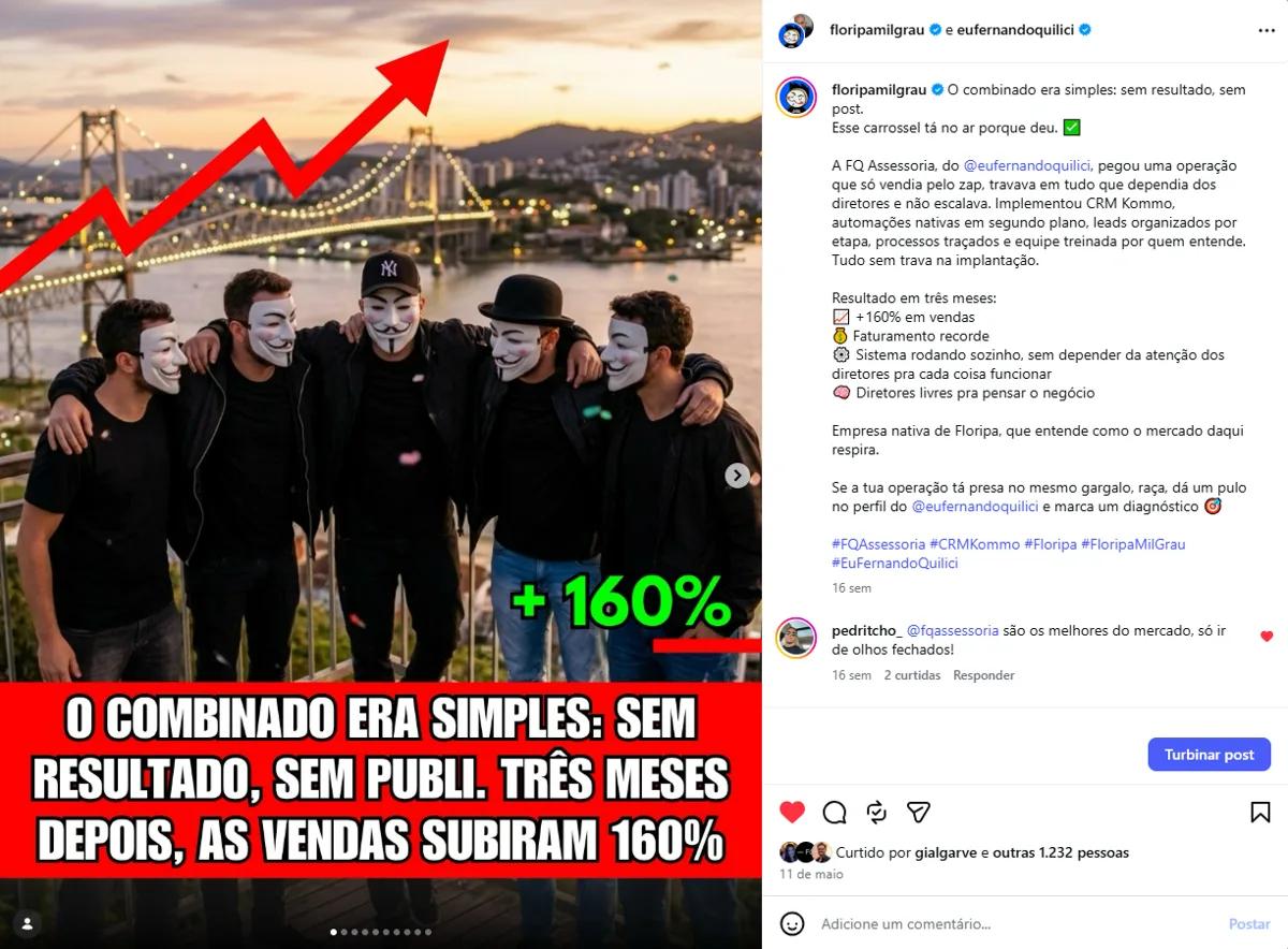 Captura da publicação em colaboração entre Floripa Mil Grau e Fernando Quilici apresentando o resultado de +160% em vendas