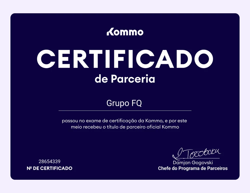 Certificado de parceria oficial Kommo emitido para o Grupo FQ