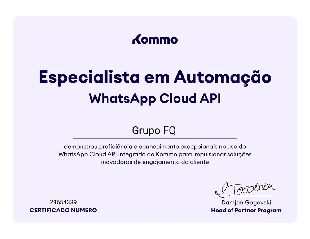 Certificado de especialista em automação com WhatsApp Cloud API